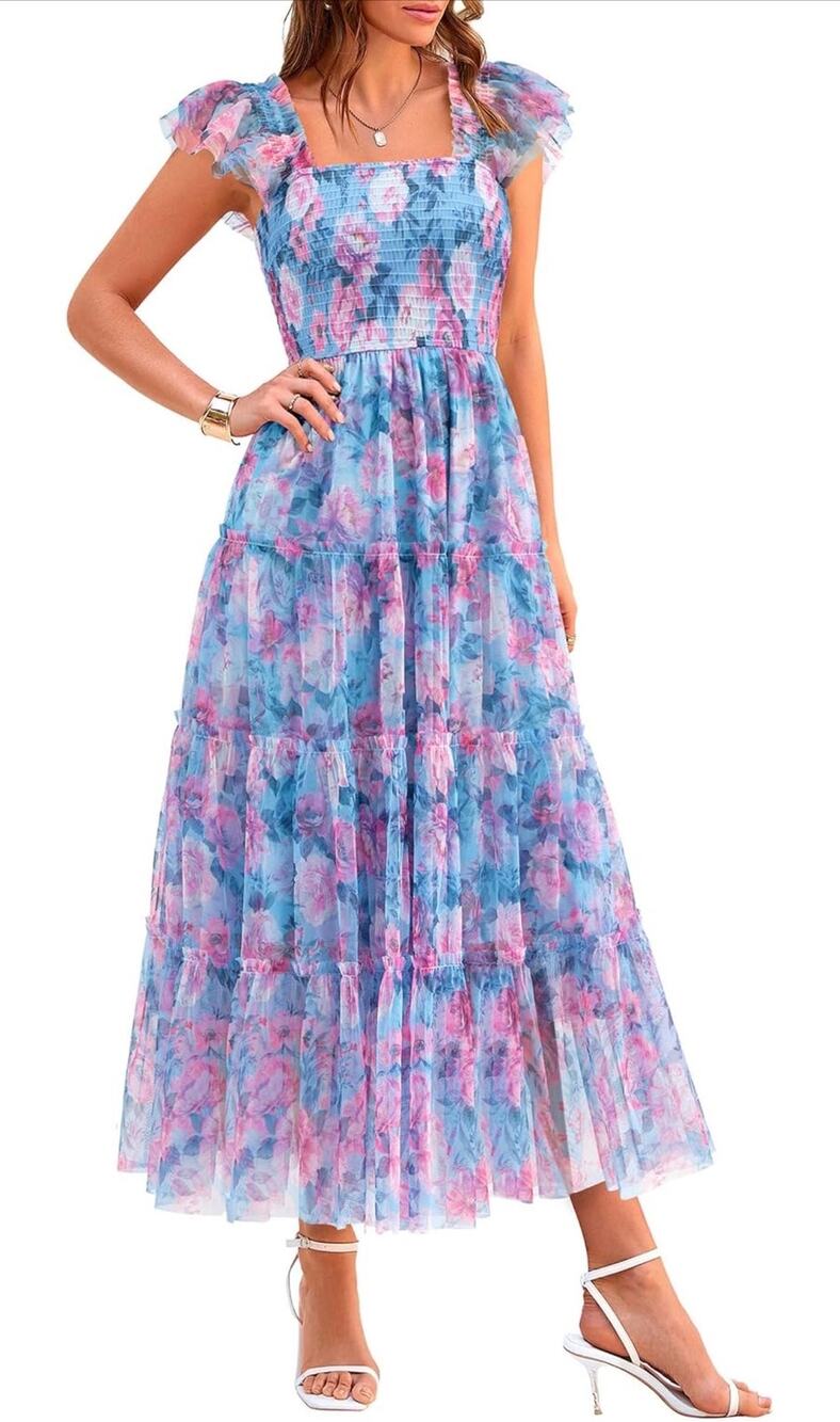 PRETTY-GARDEN Summer Smocked Midi Tulle Dress Sleeveless Square Neck A Line S